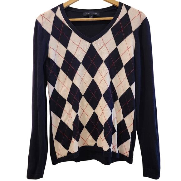 Tommy Hilfiger Cotton Argyle Plaid-Navy, Red, White, V Neck Sweater Size Medium - Picture 1 of 8